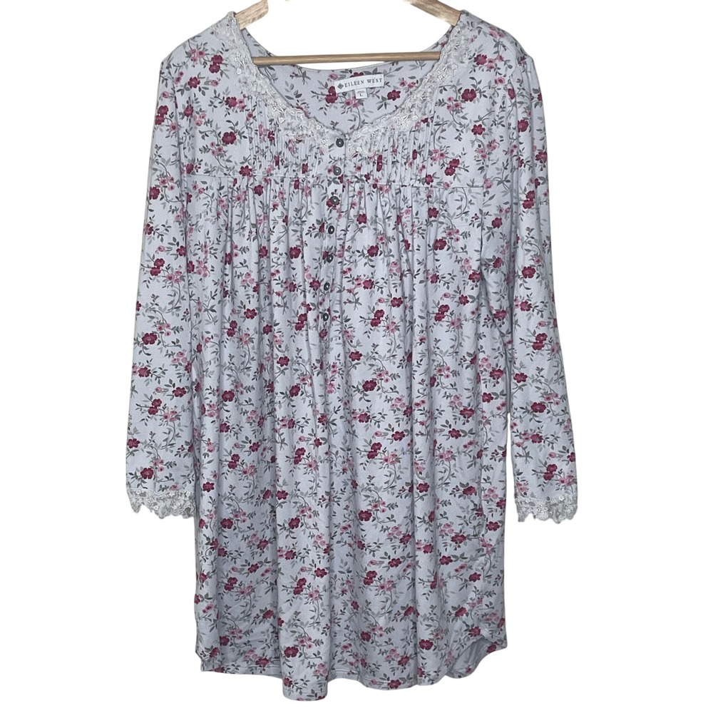 Eileen West Floral Lace Trim Long Sleeve Nightgown Pink White Ribbed Knit Large